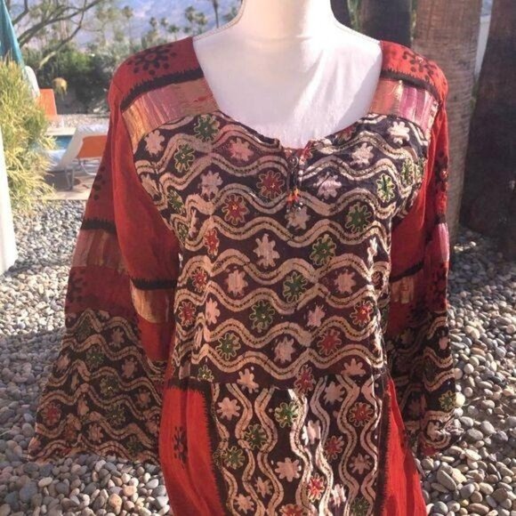 Embellished Caftan Womens Vintage Ethnic Red Black Zip Gold Threading Block Dyed - Picture 13 of 15